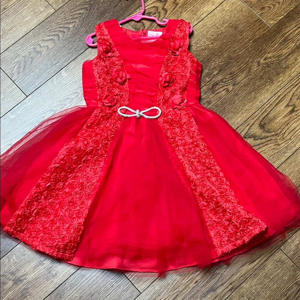 Charming Red Kids Dress with Rosette Details